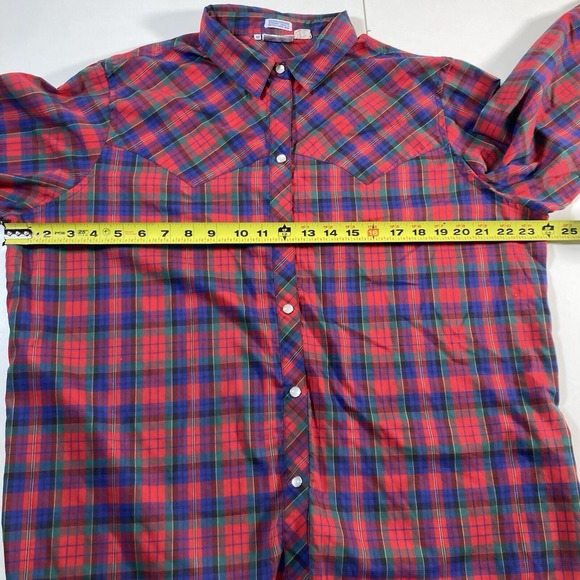 Vintage 70s Levi's Pearl Snap Shirt 40 XL Western Cowboy Red Plaid Yoke - Picture 7 of 9